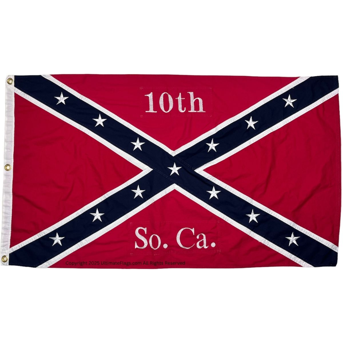 Confederate 10th South Carolina flag design featuring a bold red background and blue cross with white stars. Perfect for enthusiasts looking for cheap and affordable flags. Buy online for the best deals at UltimateFlags.com.