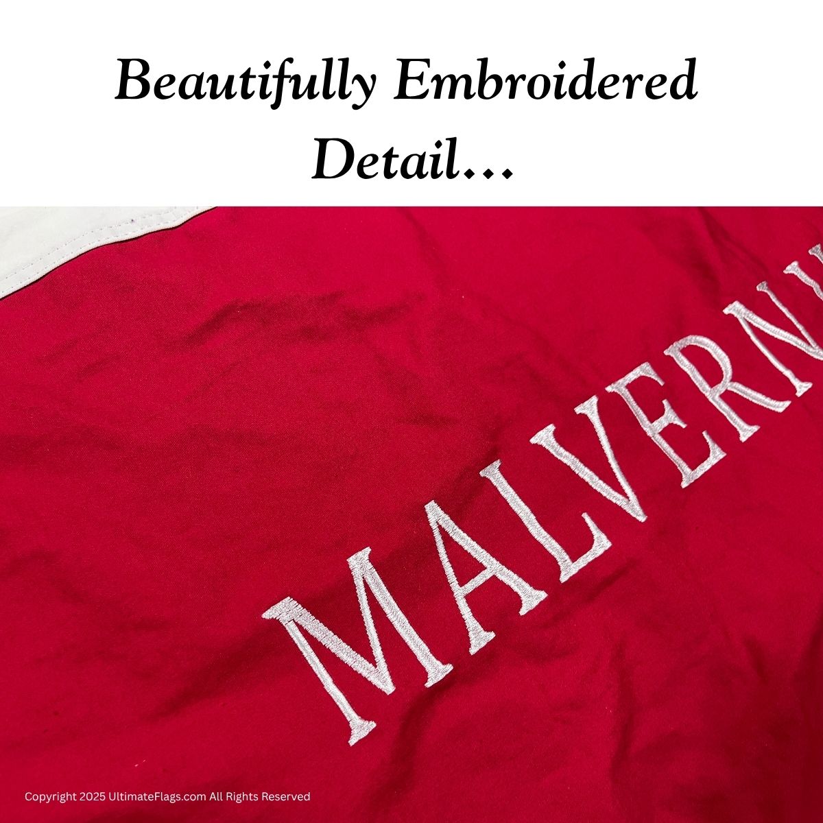 Beautifully embroidered detail showcasing the name "Malvern" on a vibrant red background, perfect for those looking to buy online affordable flags. Discover the best deals for high-quality, cheap embroidered flags at UltimateFlags.com.
