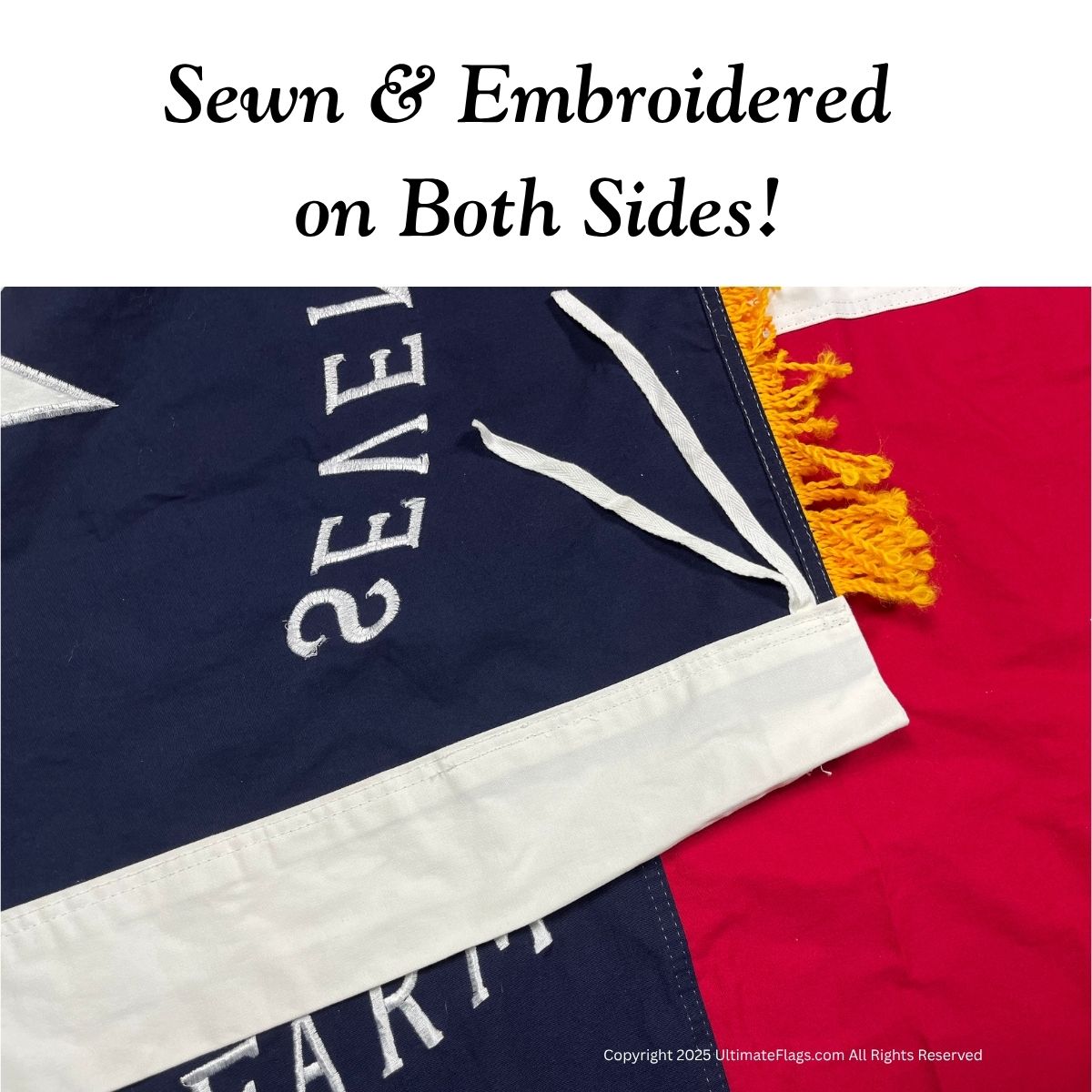 Sewn and embroidered flags displayed prominently, showcasing high-quality craftsmanship on both sides. Ideal for those looking to buy affordable and cheap flags online. Discover the best options at UltimateFlags.com.