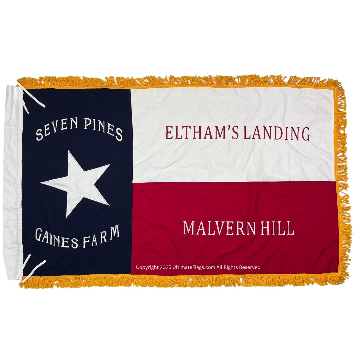This image features a vibrant historical flag representing Seven Pines, Eltham's Landing, and Malvern Hill, showcasing a star emblem and bold colors. It is a great option for those looking to buy online affordable and cheap flags that celebrate history. Discover the best selection at UltimateFlags.com.
