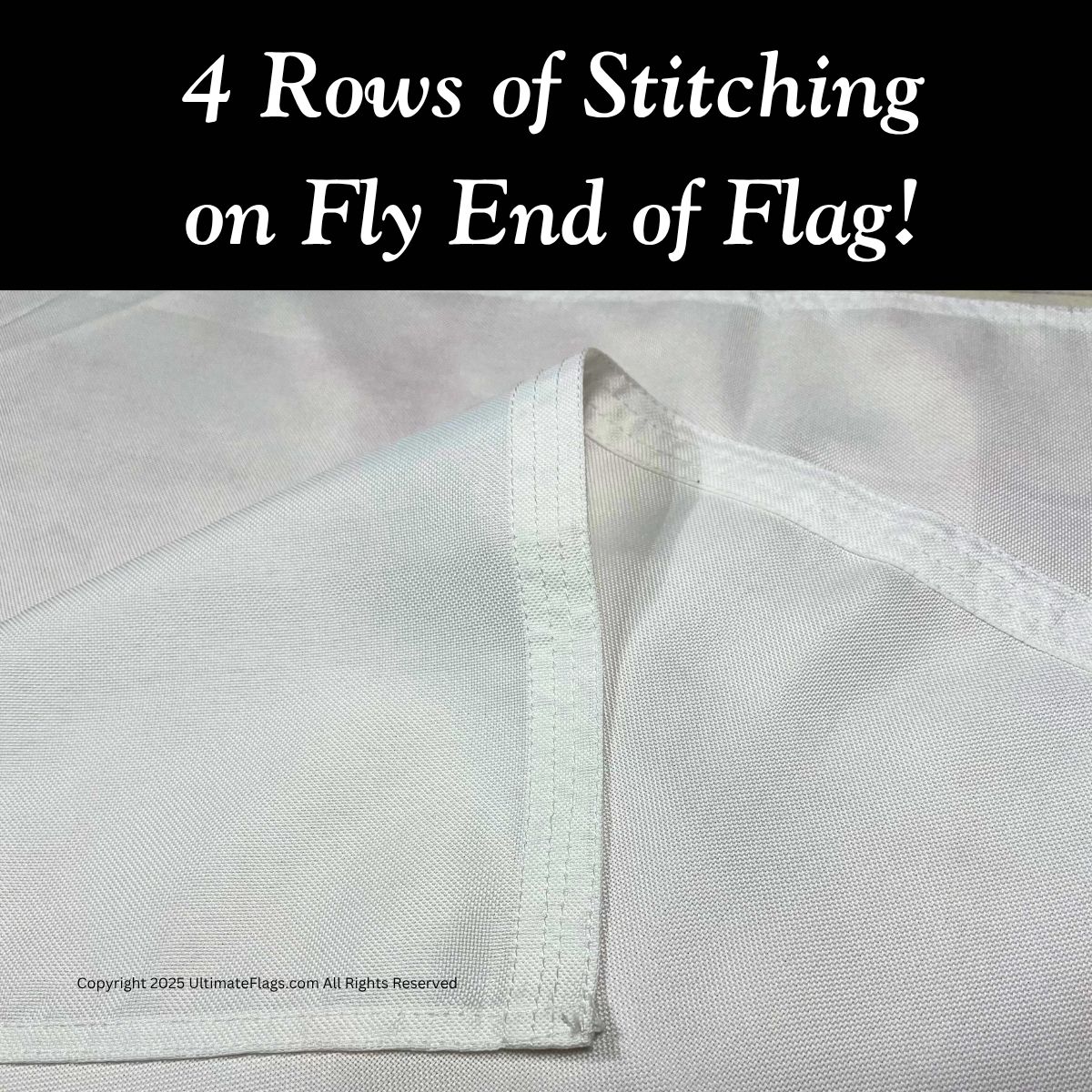 Detailed view of the fly end of a flag showcasing 4 rows of stitching for enhanced durability. Ideal for those seeking affordable, high-quality flags. Buy online for the best deals at UltimateFlags.com.