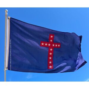 A vibrant blue flag featuring a prominent red cross adorned with stars, perfect for showcasing faith and patriotism. This flag is a great choice for those looking to buy online at a cheap and affordable price. Find the best options at UltimateFlags.com.