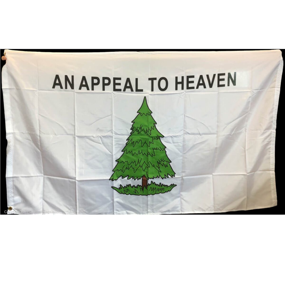 Flag featuring the phrase "An Appeal to Heaven" and a green tree design, perfect for those looking for affordable and meaningful decor. Buy online for the best deals on flags at UltimateFlags.com.