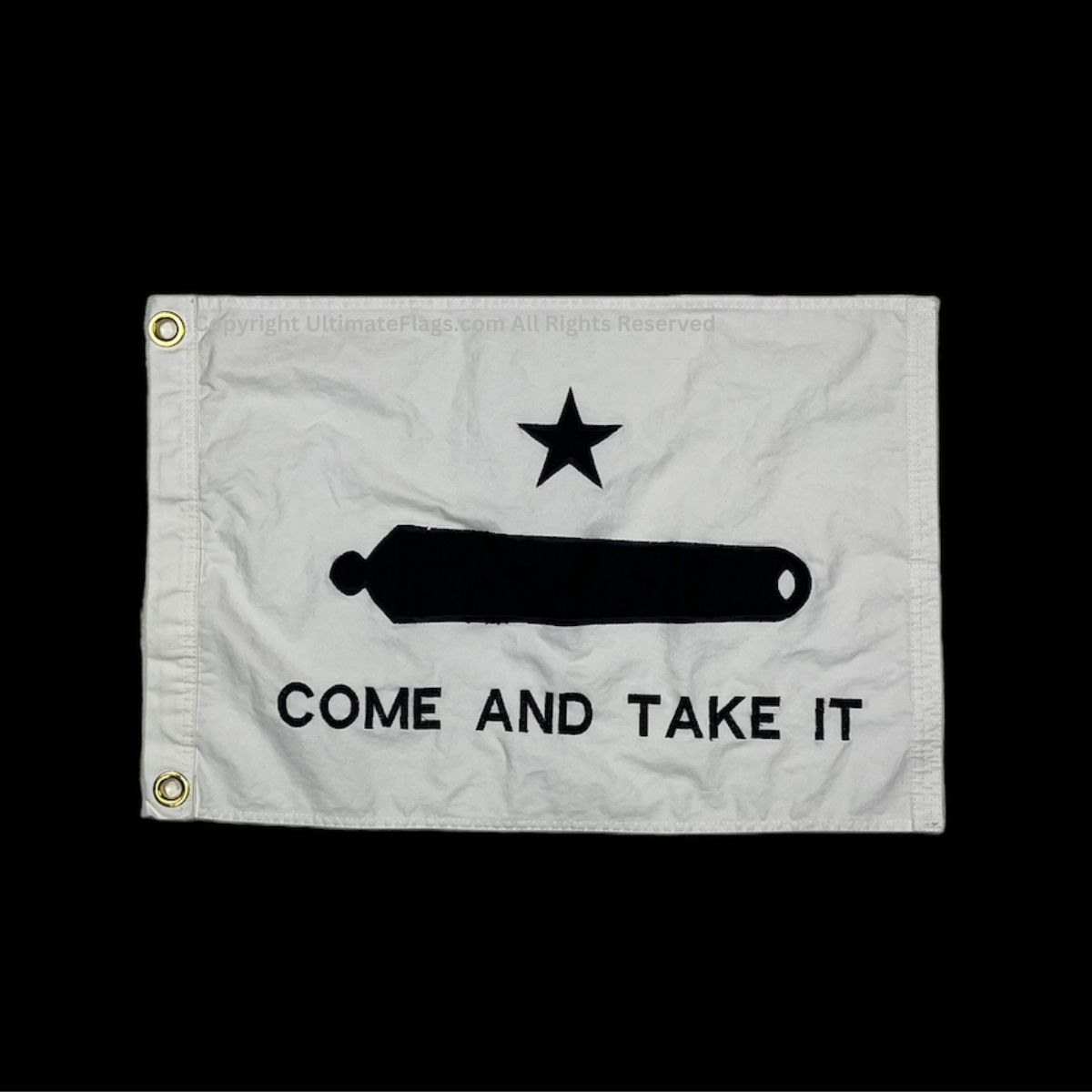 This image features a "Come and Take It" flag, showcasing a bold design with a star and cannon symbol, perfect for patriotic displays. Ideal for those looking to buy online at affordable prices, this flag is a best choice for enthusiasts. Find this affordable flag and more at UltimateFlags.com.
