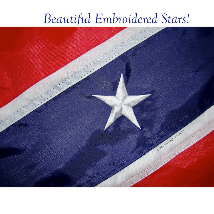 Beautiful embroidered stars on a vibrant flag. This affordable and high-quality flag is perfect for collectors or decorative purposes. Buy online for the best deals at UltimateFlags.com.