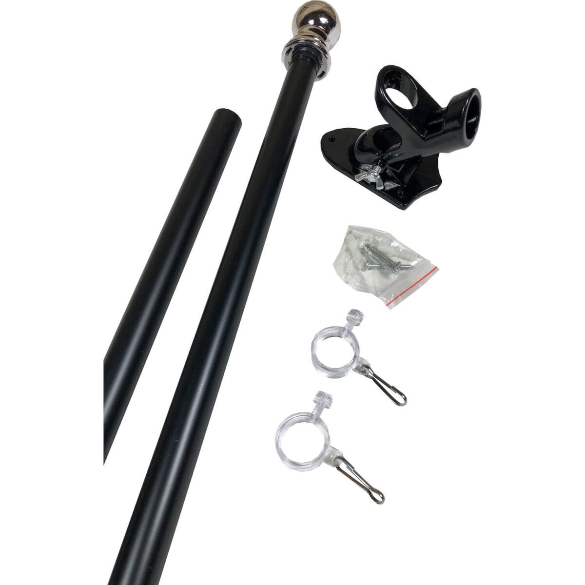 Black flagpole kit with mounting hardware and accessories, perfect for displaying flags. This affordable kit is ideal for anyone looking to buy online a durable and reliable flagpole. Get the best value for your money with this cheap option. Available at UltimateFlags.com.
