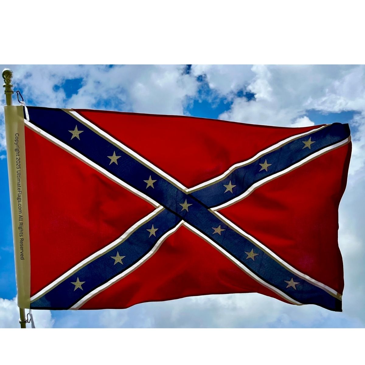 Confederate flag waving against a blue sky, representing historical significance and cultural identity. Find this cheap and affordable flag option to buy online at UltimateFlags.com for the best deals.