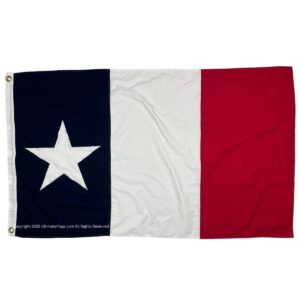 Texas flag featuring a blue vertical stripe with a white star, a white stripe, and a red stripe. Perfect for showcasing Texas pride, this flag is a cheap and affordable option for anyone looking to buy online. Get the best quality at UltimateFlags.com.