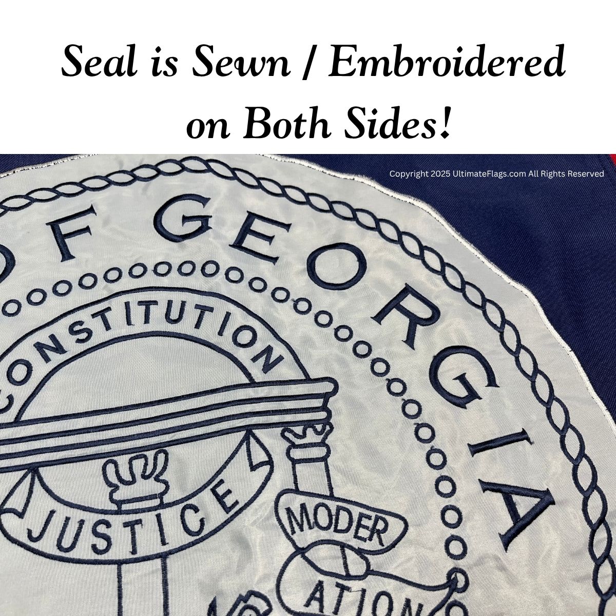 Seal of Georgia, intricately sewn and embroidered on both sides, showcasing high-quality craftsmanship. Discover cheap and affordable options for purchasing this emblem online. Buy online now for the best deals at UltimateFlags.com.