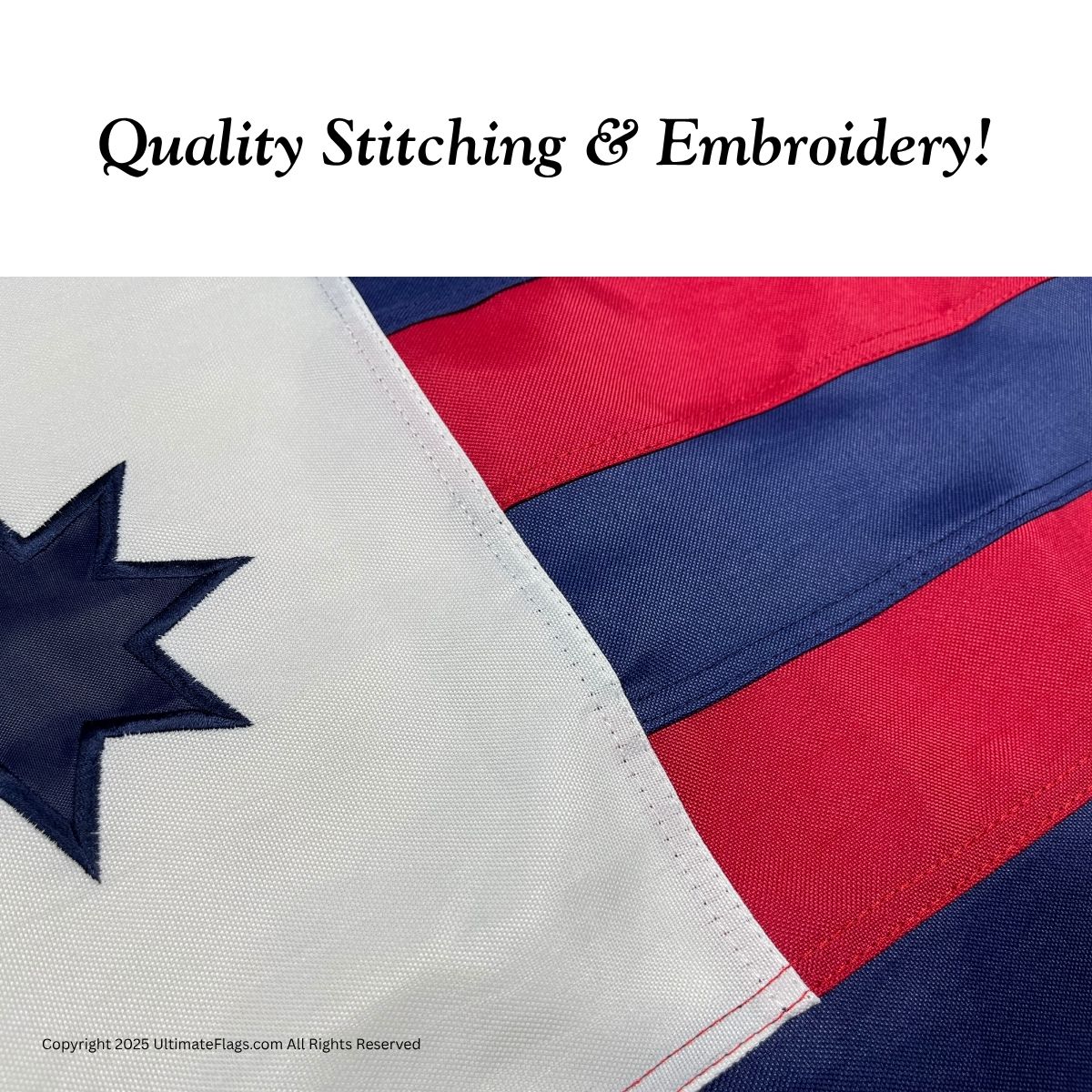 Quality stitching and embroidery showcased in this close-up of a vibrant flag design, ideal for those looking for cheap and affordable flags. Buy online for the best selection at UltimateFlags.com.