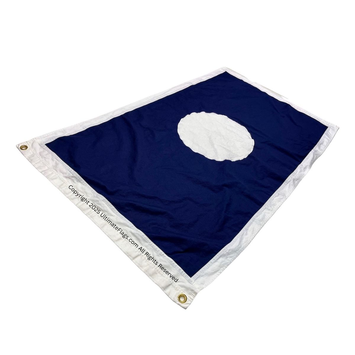 This image features a high-quality flag with a navy blue background and a white circle, ideal for outdoor display. Perfect for those seeking affordable options, this flag is among the best choices available to buy online. Discover more at UltimateFlags.com.