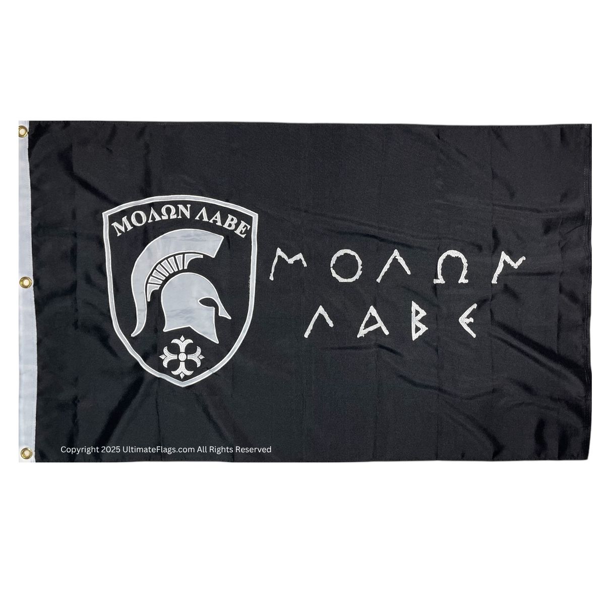 Black "Molon Labe" flag featuring a Spartan helmet design, perfect for outdoor displays. This affordable flag is a great choice for those looking to buy online. Find the best deals at UltimateFlags.com.
