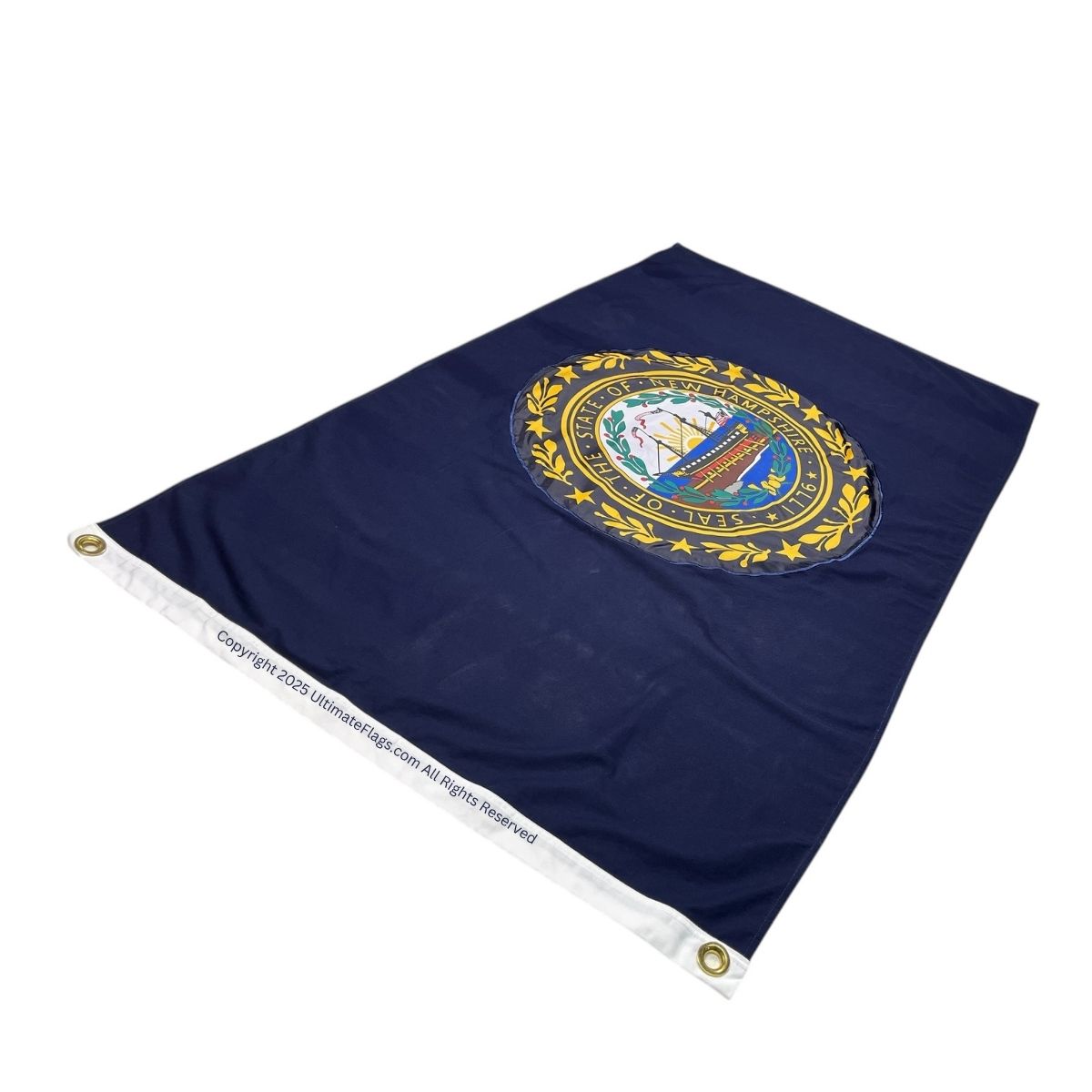 New Hampshire state flag displayed on a white background, featuring the state seal and a deep blue color. This affordable and high-quality flag is perfect for those looking to buy online. Get the best deals on flags at UltimateFlags.com.