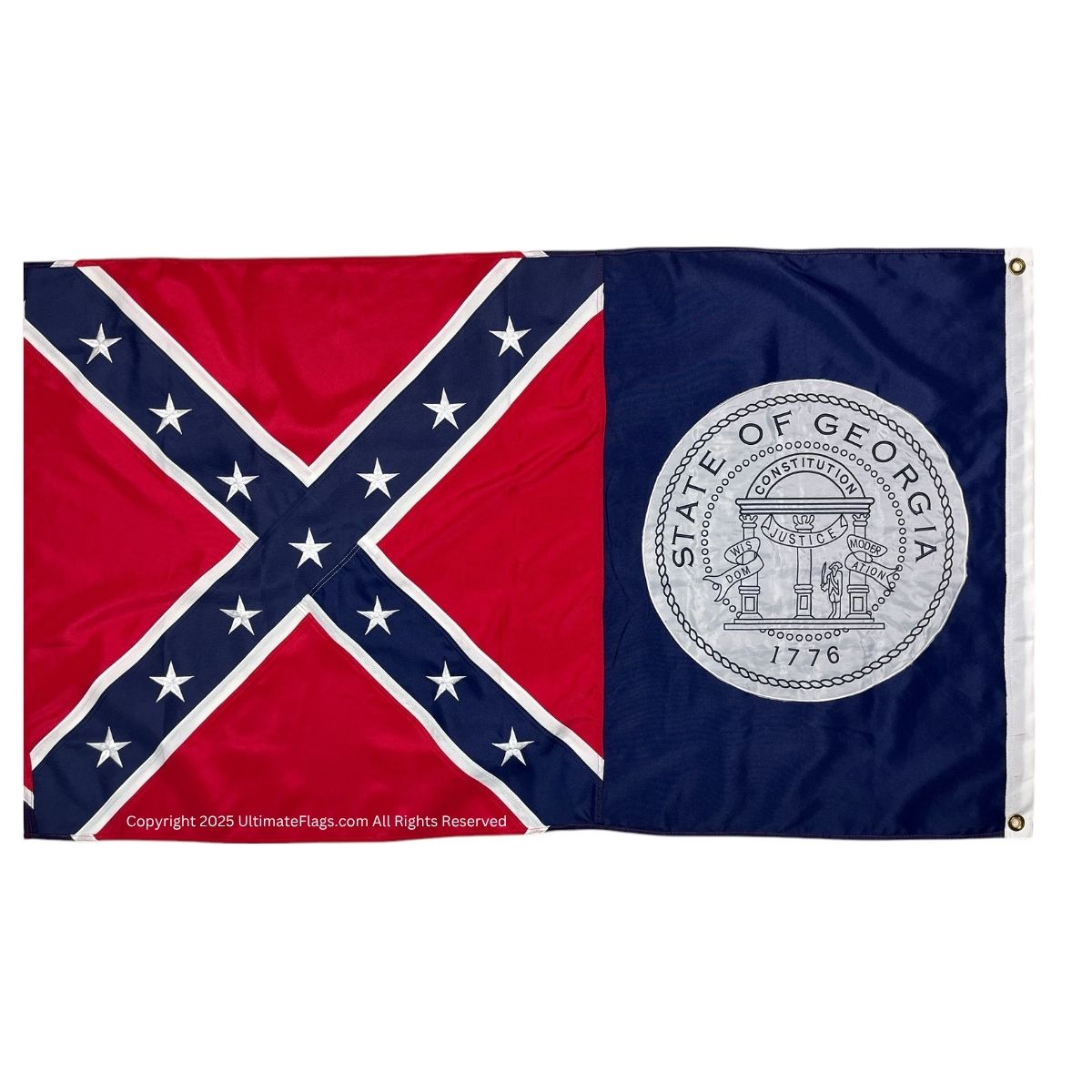 Confederate flag design featuring the Georgia state seal, perfect for collectors and enthusiasts. Shop for affordable flags and buy online at the best prices at UltimateFlags.com.