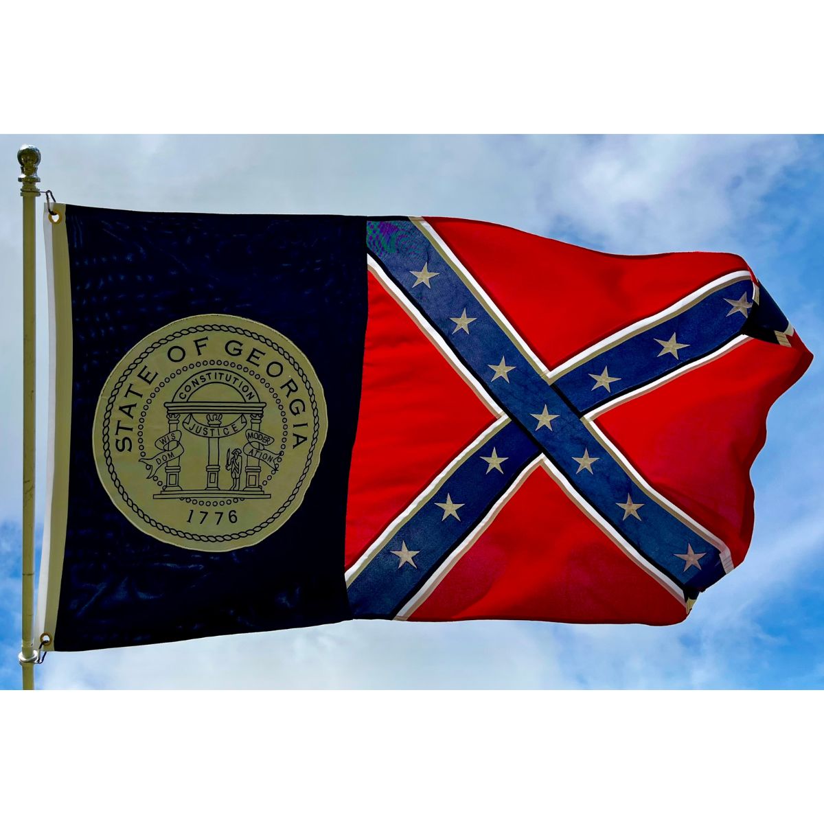 Confederate flag design featuring the state seal, ideal for collectors and history enthusiasts. This affordable flag is perfect for those looking to buy online without breaking the bank. Find the best options at UltimateFlags.com.