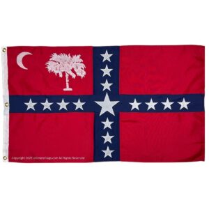 South Carolina flag featuring a bold design with a crescent moon, a palmetto tree, and a star-studded blue cross on a vibrant red background, perfect for showcasing state pride. Buy online for affordable options and the best quality. Discover more at UltimateFlags.com.