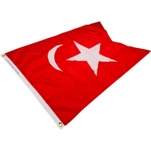 Turkish flag featuring a red background with a white star and crescent, perfect for patriotic displays or events. Buy online for cheap and affordable options. Find the best quality flags at UltimateFlags.com.