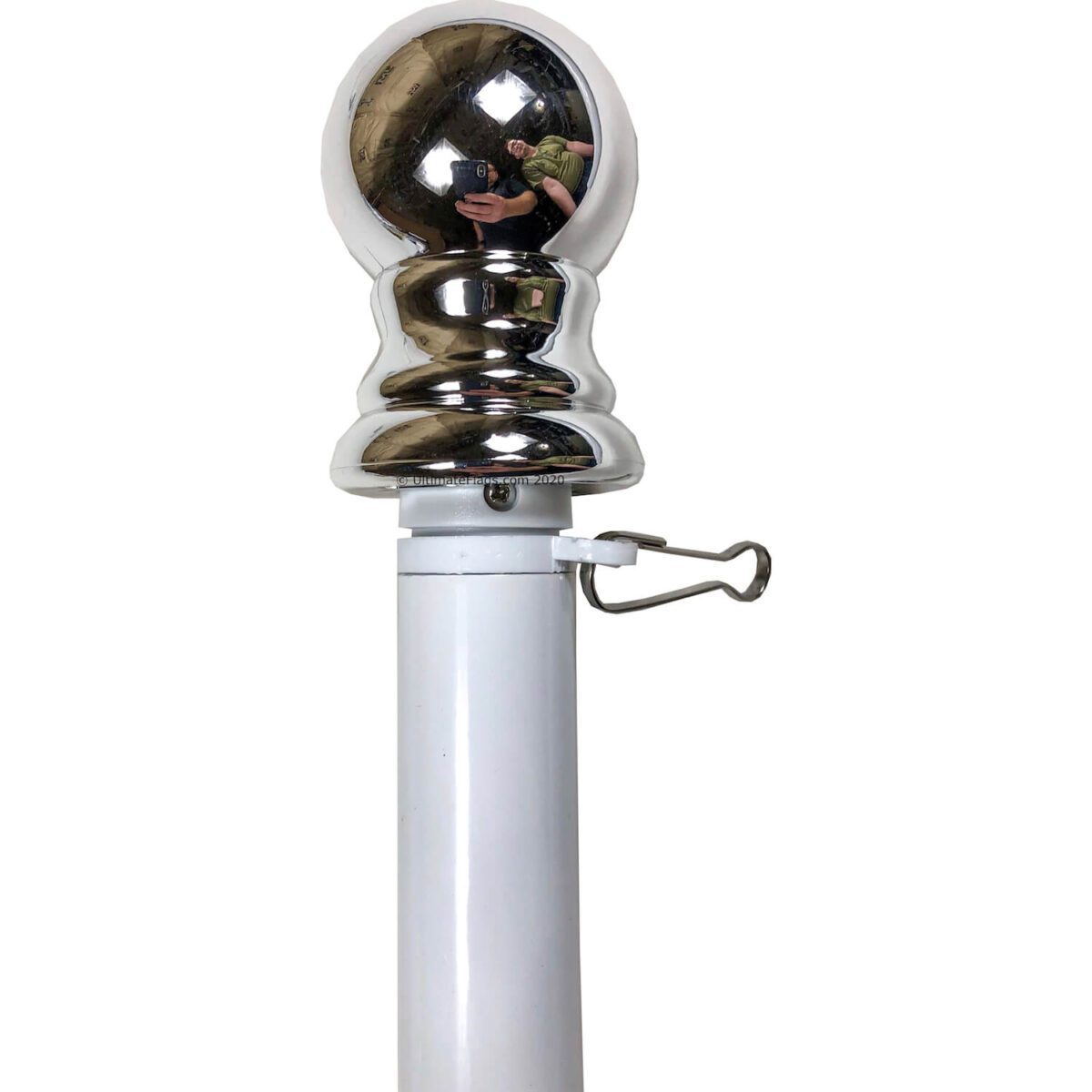 This image features a shiny chrome flagpole topper, ideal for enhancing your flag display. Perfect for those seeking cheap and affordable flag accessories, this product offers the best quality for your needs. Buy online now at UltimateFlags.com.