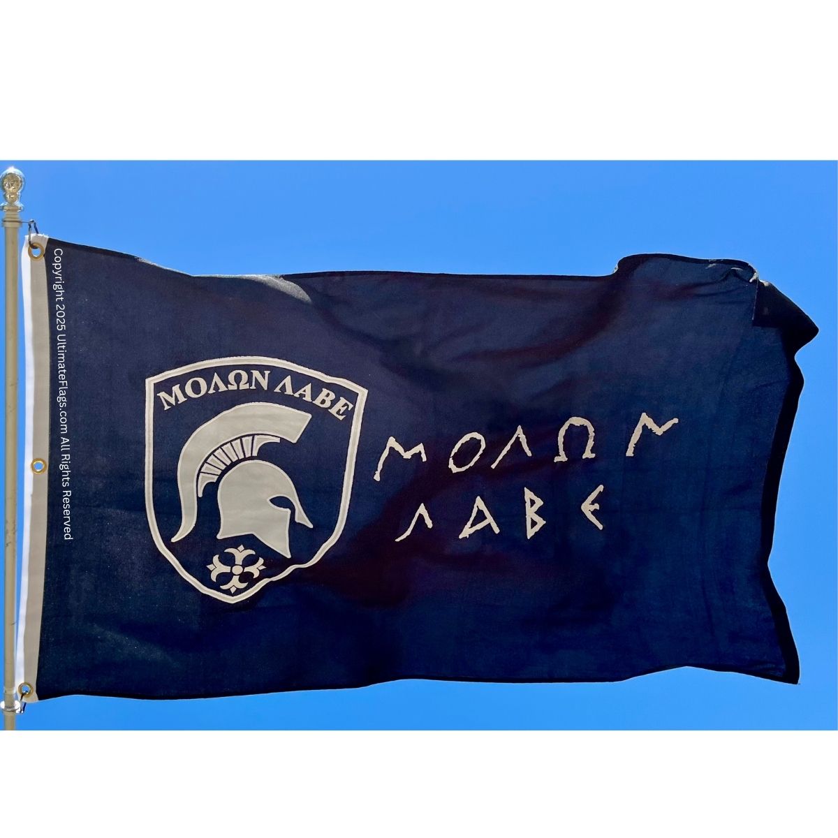 Black flag featuring the Spartan helmet emblem and the phrase "Molon Labe," perfect for patriotic displays. Ideal for those seeking cheap and affordable flags to buy online, showcasing a strong statement of resilience. Shop the best selection at UltimateFlags.com.