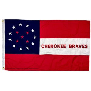 Cherokee Braves flag featuring a bold design with stars and stripes, perfect for showcasing team spirit. Buy online for affordable prices and the best quality flags. Shop now at UltimateFlags.com.