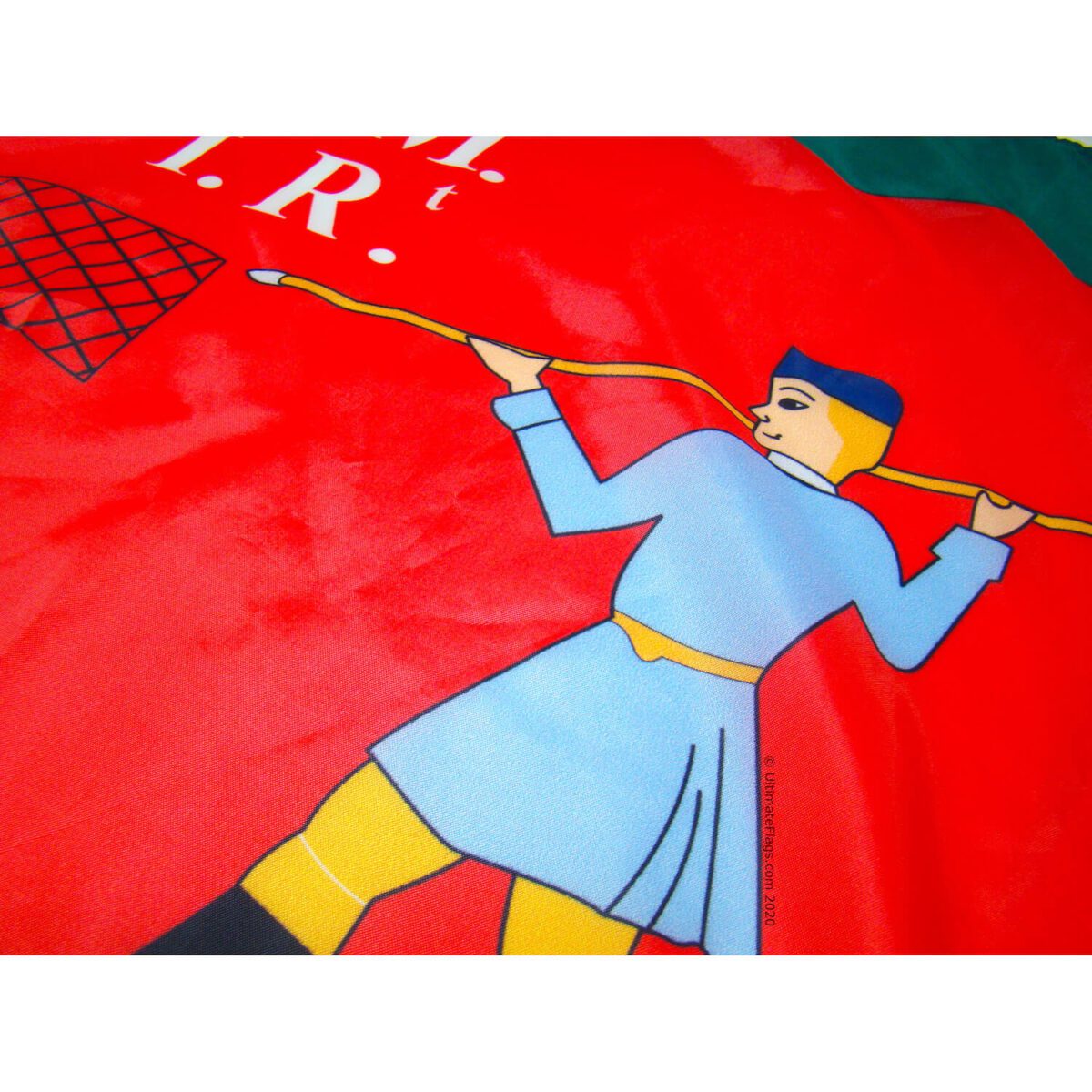 Vibrant flag design featuring a historical figure in traditional attire holding a net, perfect for collectors or decorations. Discover cheap and affordable options to buy online and find the best flags at UltimateFlags.com.