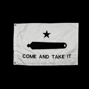 White flag featuring the phrase "Come and Take It" along with a star and a silhouette of a cannon. This flag is ideal for those seeking affordable and stylish decor or a statement piece. Buy online for the best deals on unique flags at UltimateFlags.com.