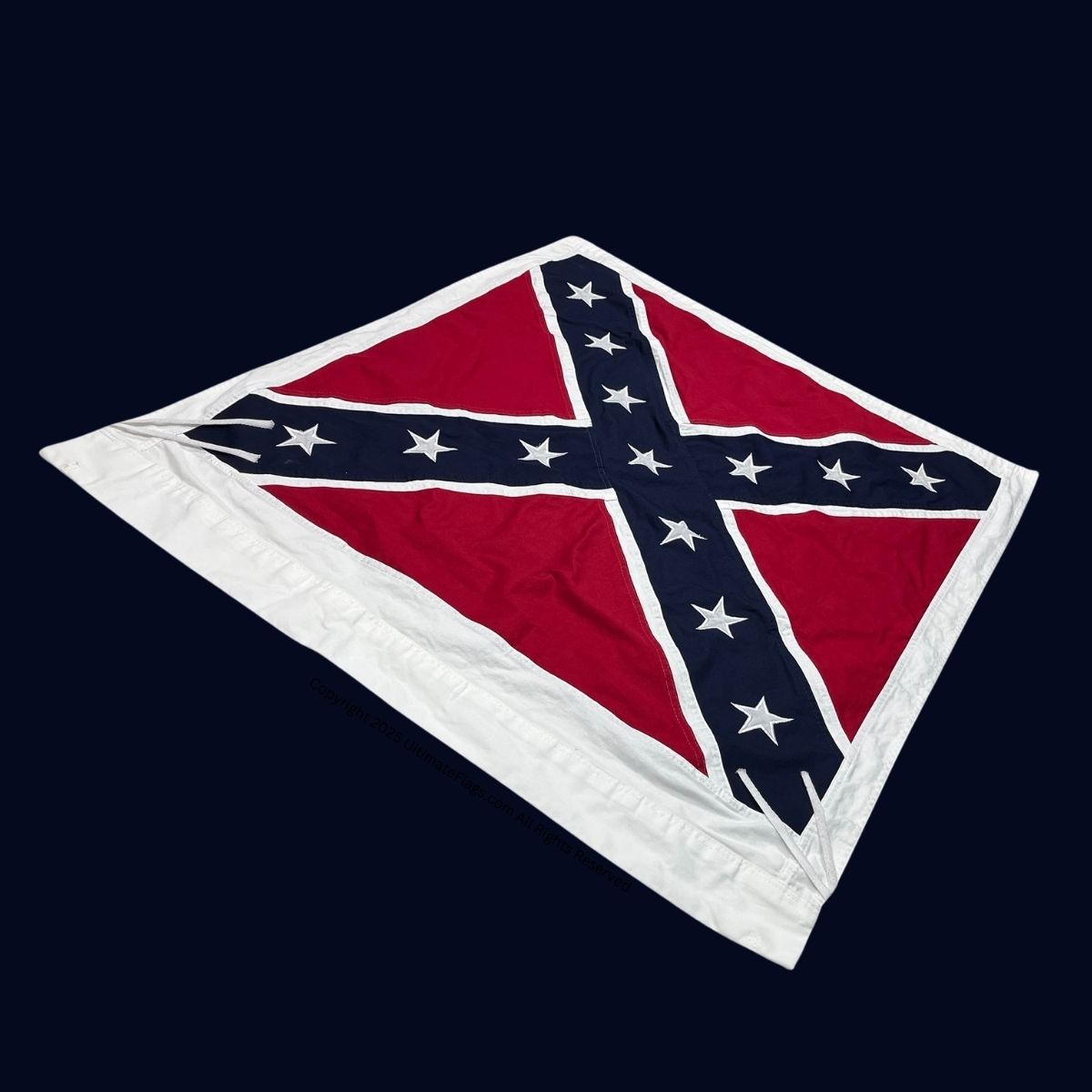 Confederate flag displayed on a dark background, showcasing its vibrant colors and design. This flag is perfect for collectors and enthusiasts looking for cheap and affordable options to buy online. Find the best deals at UltimateFlags.com.