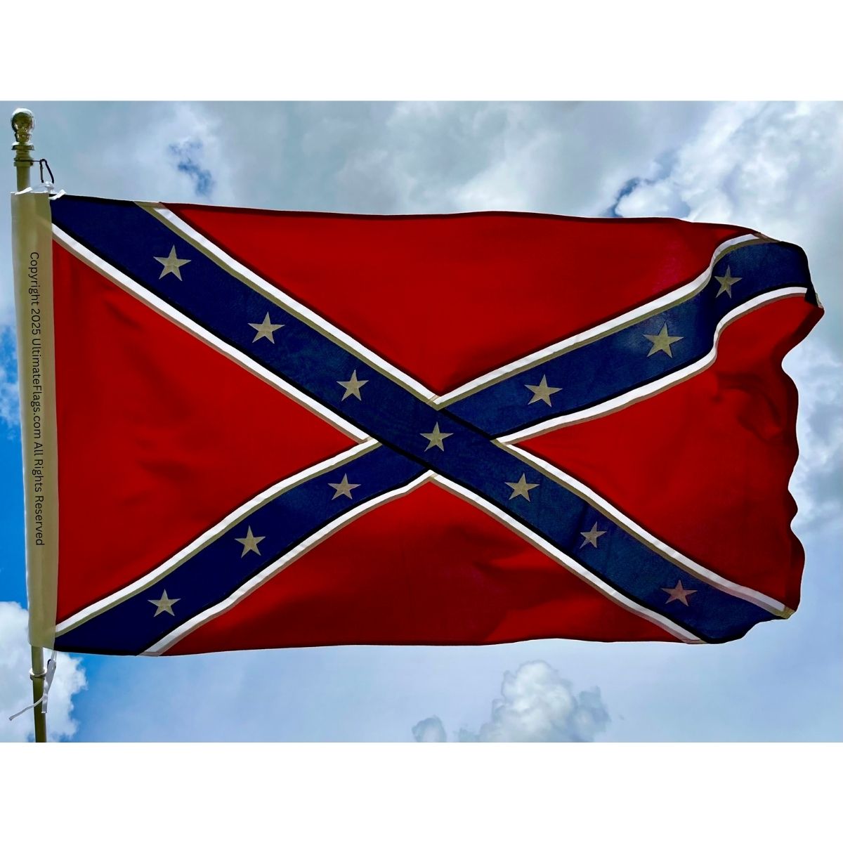 Confederate flag design featuring bold red and blue colors with white stars, ideal for collectors and enthusiasts. This affordable flag is the best choice for anyone looking to buy online. Available at UltimateFlags.com.