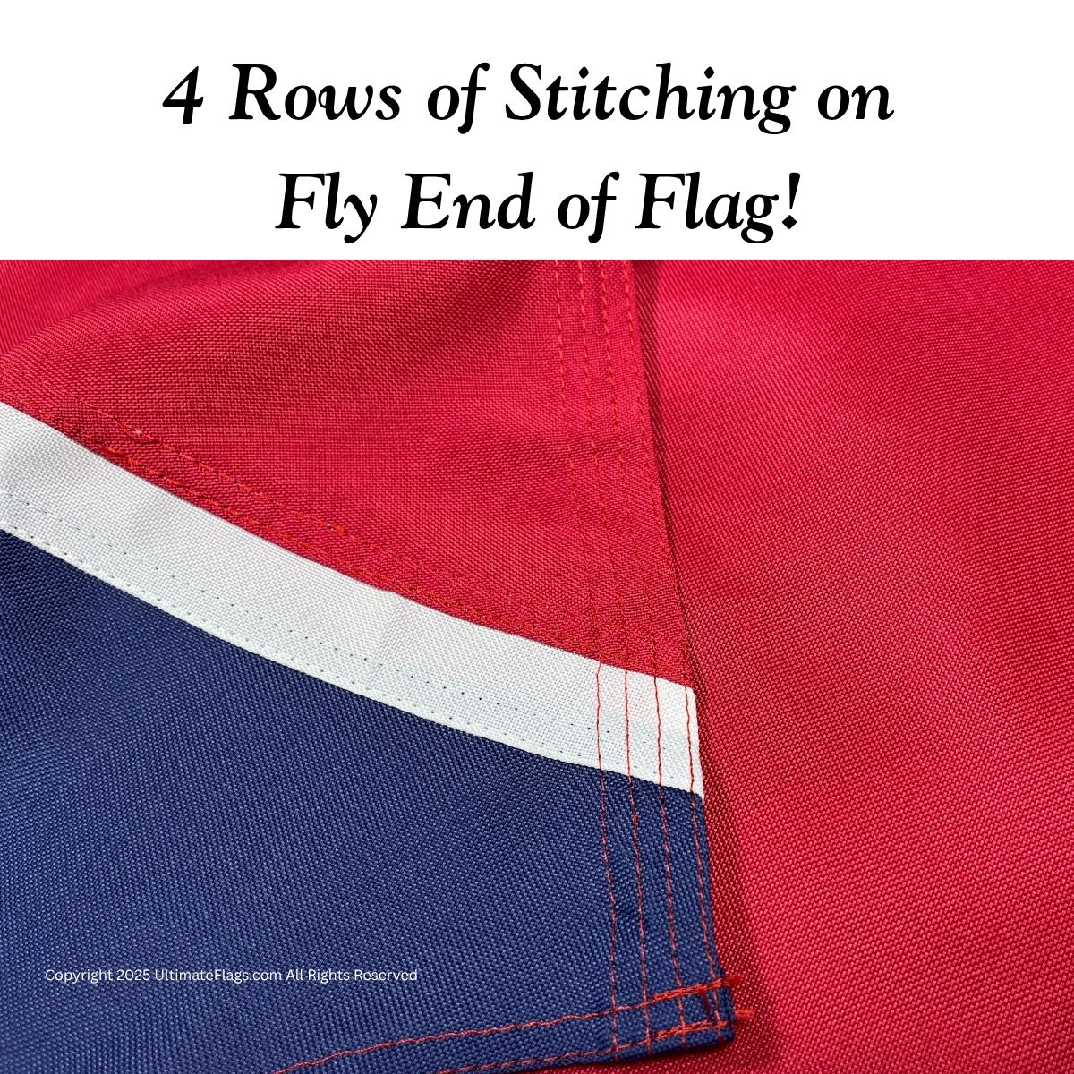 High-quality flag detail showcasing 4 rows of stitching on the fly end, emphasizing durability and craftsmanship. Ideal for those seeking cheap and affordable flags without compromising quality. Buy online for the best selection at UltimateFlags.com.
