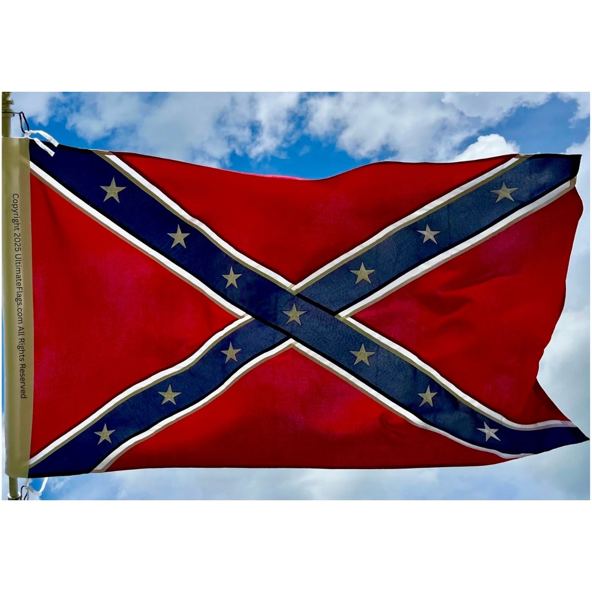 Confederate flag waving against a blue sky, representing Southern heritage. Find cheap and affordable flags to buy online, with the best options available at UltimateFlags.com.