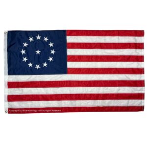 Historical American flag featuring 13 stars in a circle on a blue field and red and white stripes, perfect for patriotic displays. This affordable flag is the best choice for those looking to buy online at a cheap price. Shop now at UltimateFlags.com.