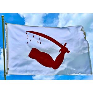 A striking flag design featuring a red scythe and muscular arm against a white background, ideal for showcasing strength and resilience. Perfect for those looking to buy online at affordable prices. Discover the best options for unique flags at UltimateFlags.com.