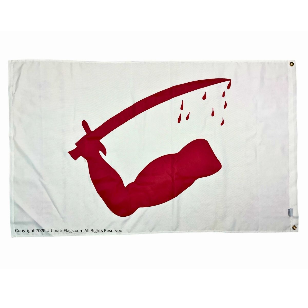 This image features a striking flag design showcasing a muscular arm wielding a sword with drops of blood, symbolizing strength and resilience. Perfect for those seeking cheap and affordable flags, this design is among the best options available to buy online. Explore more at UltimateFlags.com.