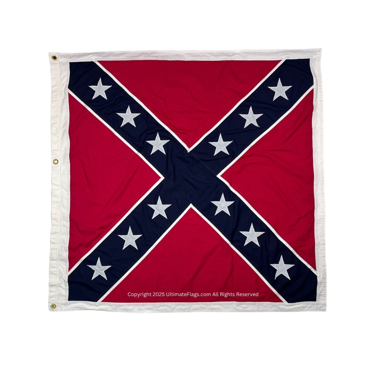 Confederate flag with a red background and blue cross featuring white stars, representing historical significance and cultural themes. Ideal for collectors and enthusiasts looking for affordable options. Buy online for the best deals at UltimateFlags.com.