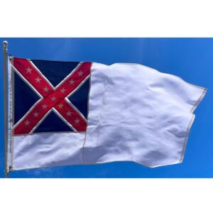 Confederate flag waving against a clear blue sky, representing Southern heritage. This affordable flag is perfect for collectors and enthusiasts looking to buy online. Discover the best options at UltimateFlags.com.