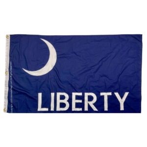 Blue flag featuring the word "LIBERTY" in bold white letters, adorned with a crescent moon design. This affordable and stylish flag is perfect for showcasing your values. Buy online for the best deals at UltimateFlags.com.