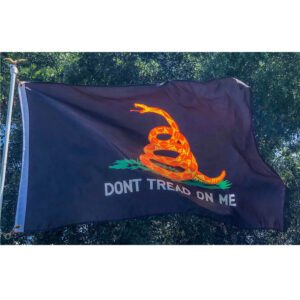 gadsden flag orange snake "glowing" looks like it's a firesnake very cool black Gadsden flag flying