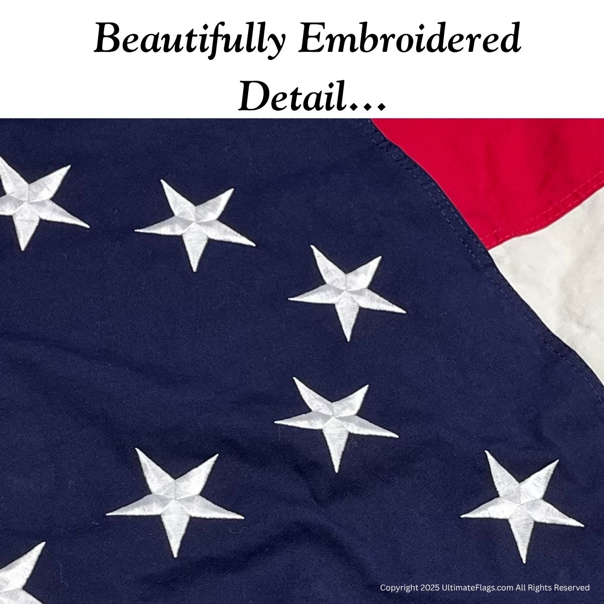 Beautifully embroidered detail of a flag showcasing stars and stripes, perfect for those seeking affordable and high-quality options. Buy online for the best deals on flags at UltimateFlags.com.
