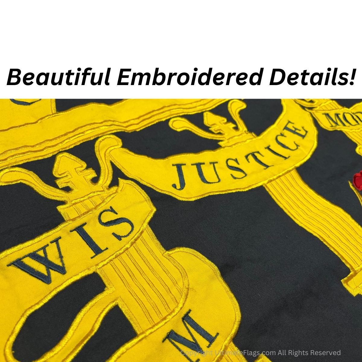 Beautiful embroidered details showcasing vibrant colors and intricate designs, perfect for those looking to buy affordable flags online. Discover the best deals on high-quality flags at UltimateFlags.com.