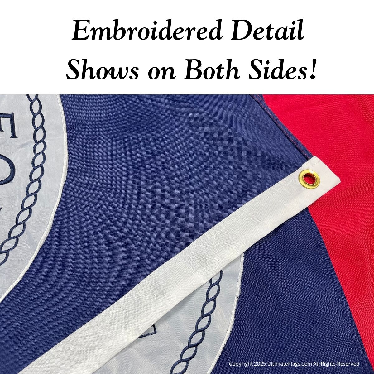 Embroidery detail on high-quality flags displayed prominently, showcasing vibrant colors and craftsmanship. Ideal for those looking to buy online at affordable prices. Discover the best deals on flags at UltimateFlags.com.