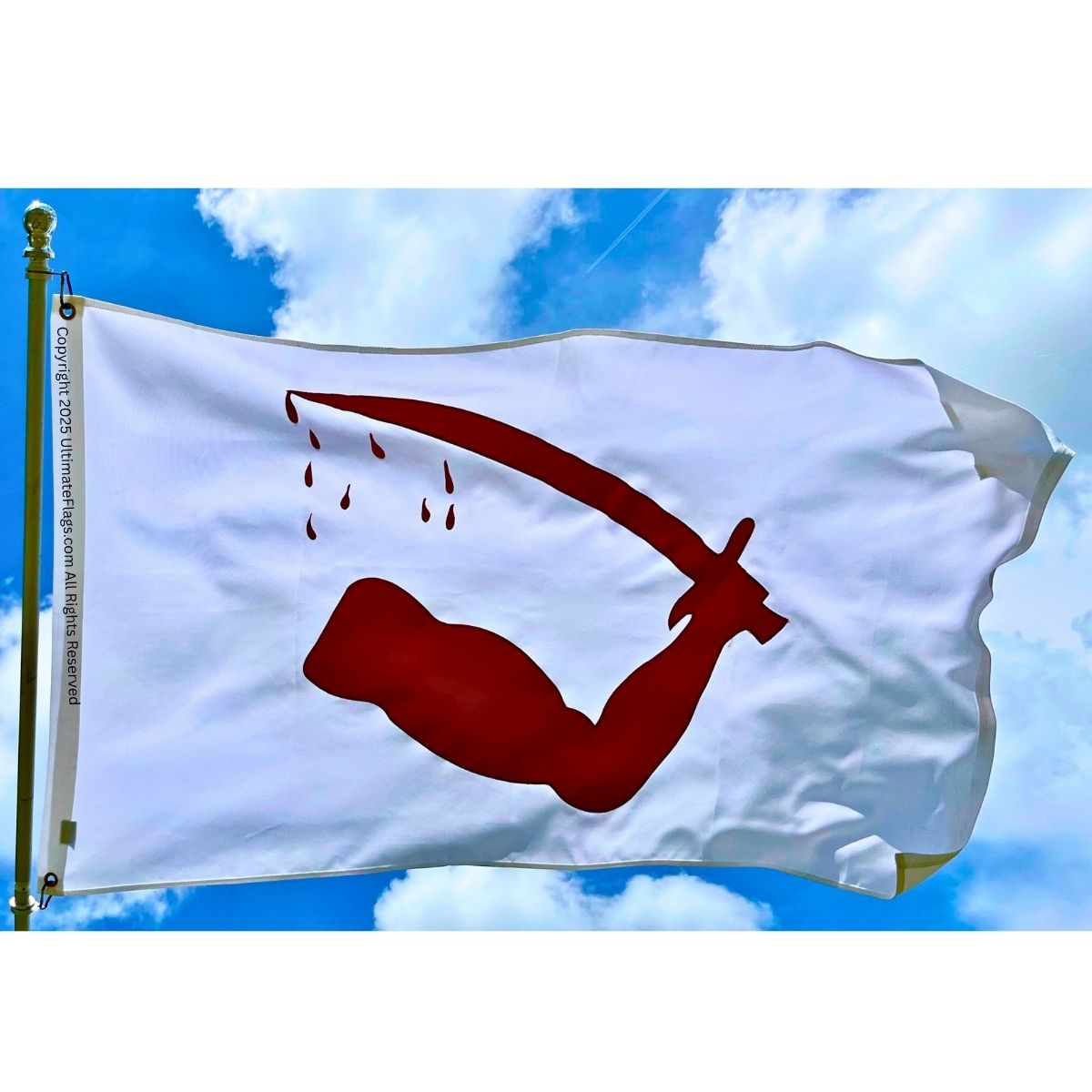A vibrant flag featuring a red symbol on a white background, perfect for showcasing your style and beliefs. This affordable flag is a great addition to any collection or event. Buy online for the best deals at UltimateFlags.com.