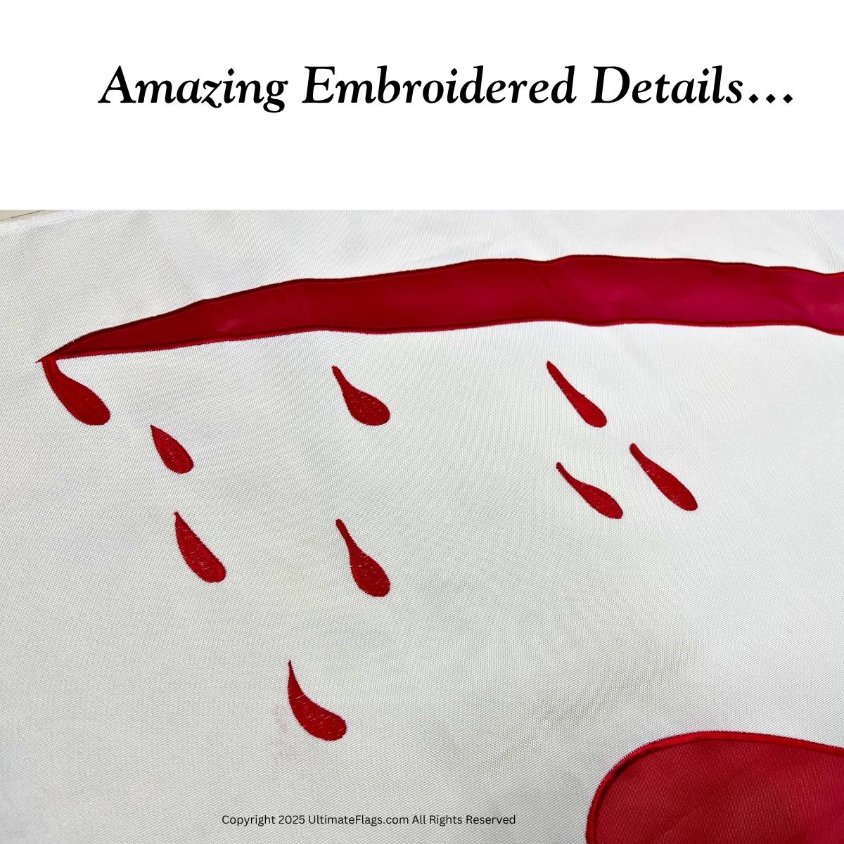 Amazing embroidered details showcasing vibrant red accents on a white background, perfect for adding a unique touch to your decor. Buy online for cheap and affordable options that stand out. Discover the best selection at UltimateFlags.com.