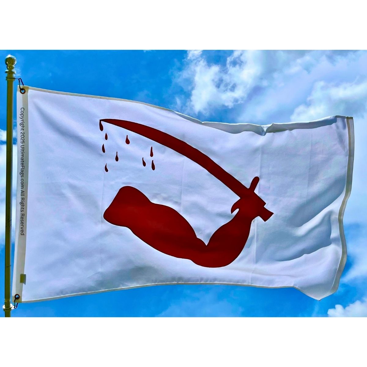 This image features a striking flag design with a bold red symbol against a white background, representing strength and resilience. Ideal for those looking to buy online, this affordable and high-quality flag is one of the best options available. Perfect for display at events or gatherings, you can find this unique design at UltimateFlags.com.