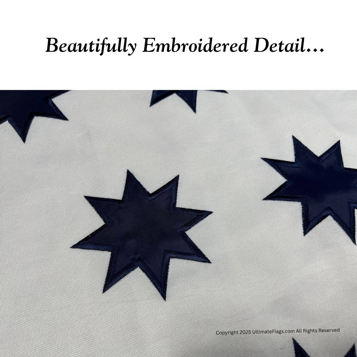 Beautifully embroidered detail of a flag showcasing stars, emphasizing quality craftsmanship. Find cheap and affordable options to buy online for the best flags at UltimateFlags.com.