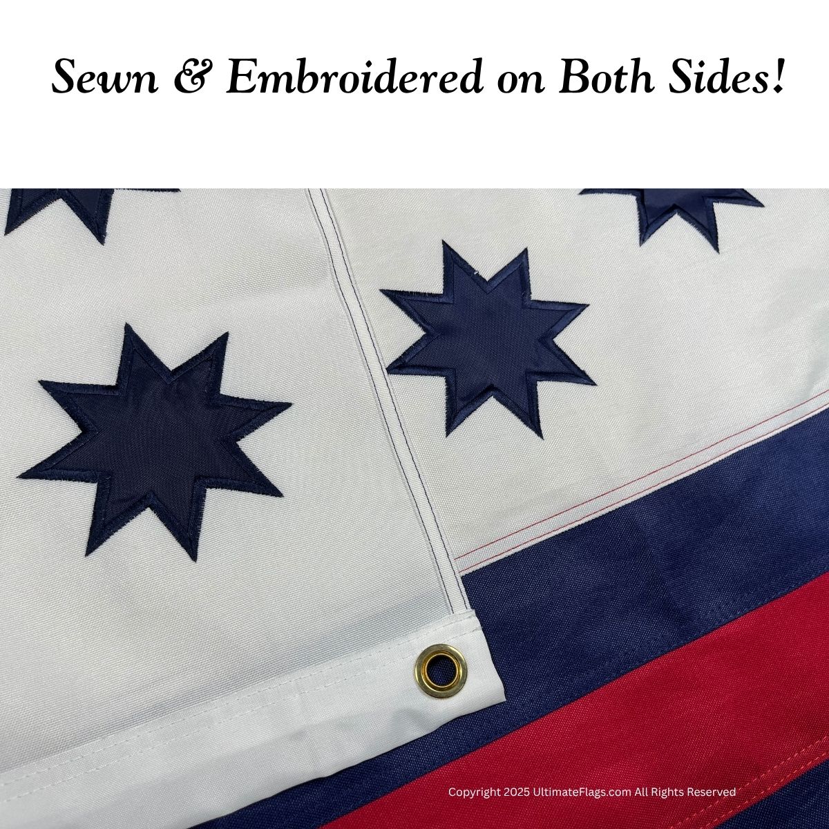 Sewn and embroidered flag showcasing intricate details with stars on both sides, perfect for displaying patriotism. Buy online for cheap and affordable options to get the best quality flags. Visit UltimateFlags.com for more information.