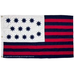 This image features a vintage-style flag with red and navy stripes and a white field adorned with stars, perfect for patriotic displays or decor. Buy this affordable and stylish flag online at the best prices. Discover more options at UltimateFlags.com.