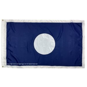 Blue flag featuring a large white circle, ideal for display or decoration. This affordable option is perfect for those looking to buy online without compromising on quality. Discover the best prices at UltimateFlags.com.
