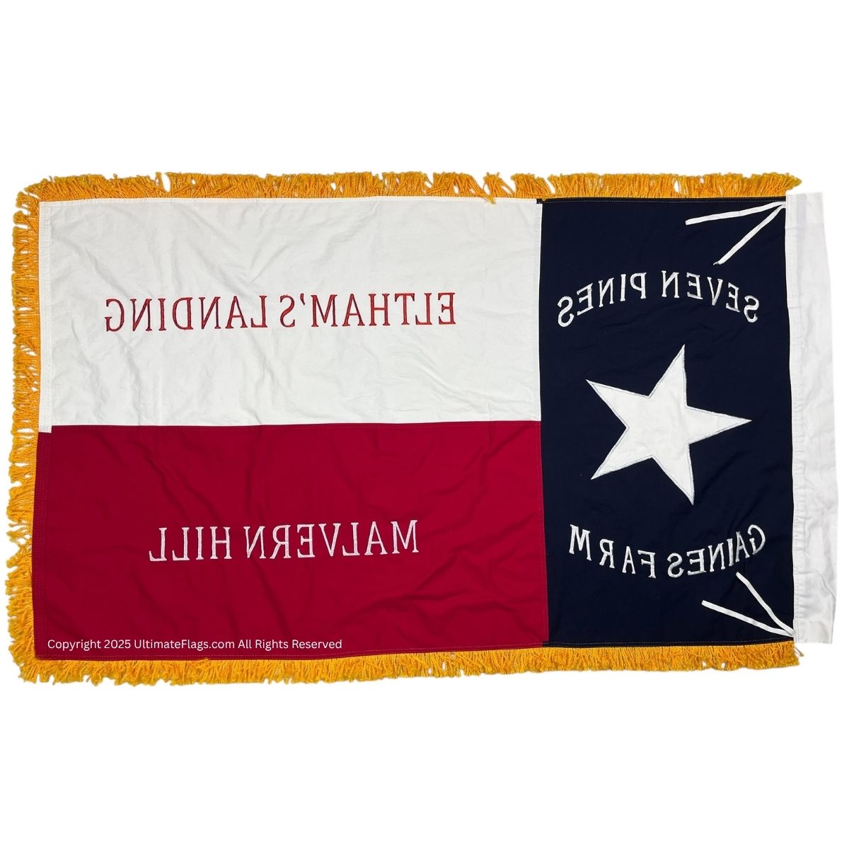 This vibrant Texas-themed blanket features the iconic Lone Star design along with the names "Seven Pines," "Gaines Farm," "Malyvern Hill," and "Eltham's Landing." Perfect for showcasing your Texas pride, this affordable and stylish blanket is ideal for cozying up or adding flair to any space. Buy online today at UltimateFlags.com for the best deals on high-quality flags and blankets.