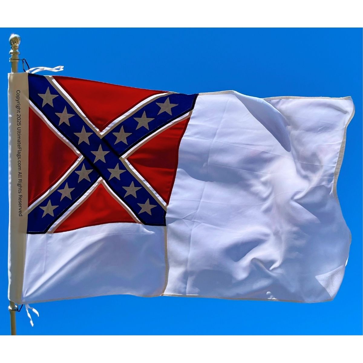 Mississippi state flag waving against a clear blue sky, representing heritage and pride. Buy online for the best selection of affordable flags. Discover cheap options to show your support at UltimateFlags.com.