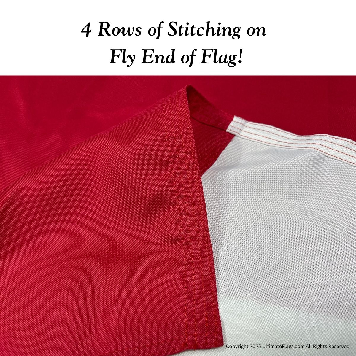 Close-up of the fly end of a flag showcasing four rows of stitching for enhanced durability and quality. This flag is a great choice for those looking to buy online at affordable prices. Discover the best options available for cheap flags at UltimateFlags.com.